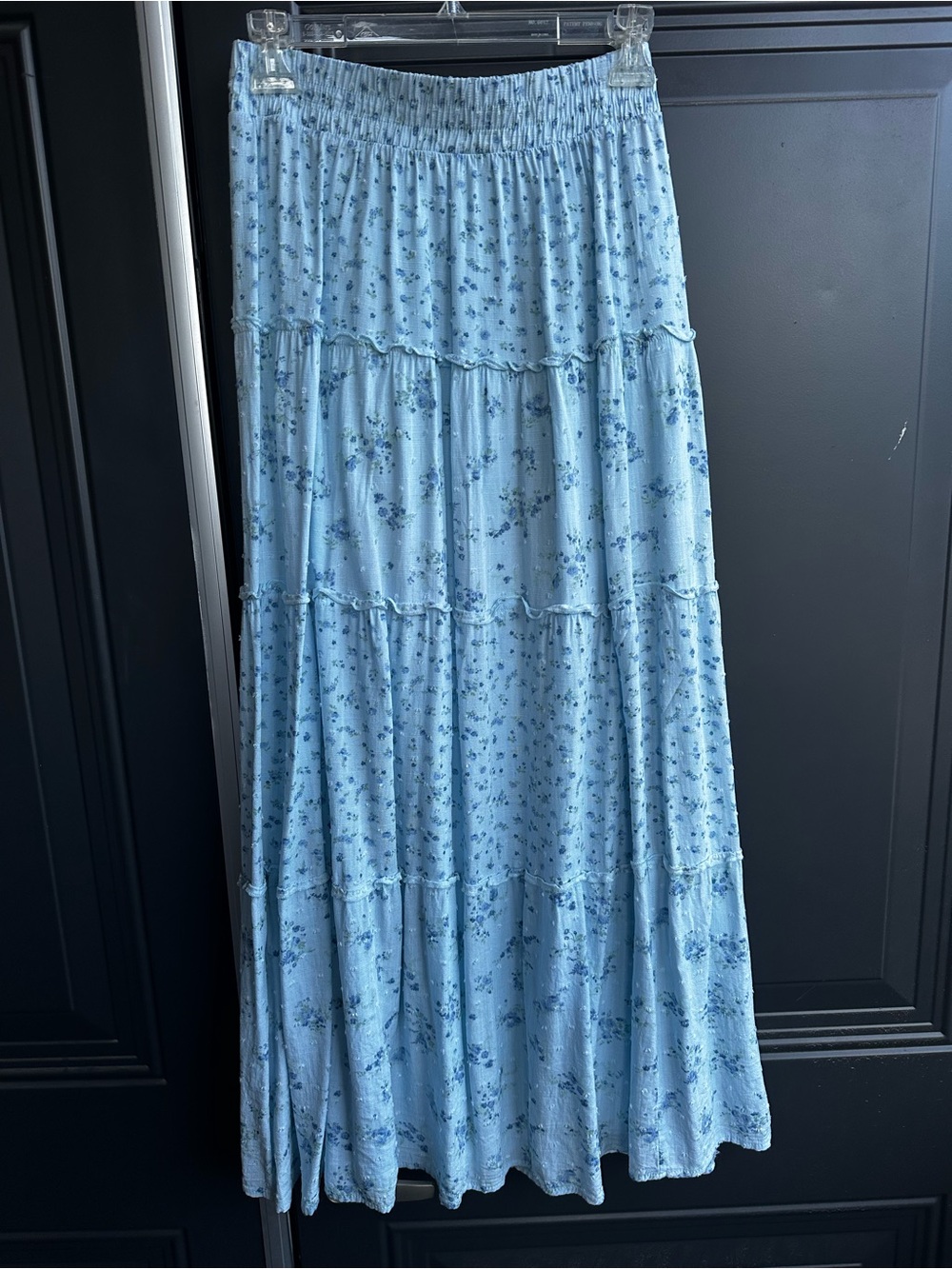 Hippie Rose Light Blue Floral Tiered Maxi Skirt